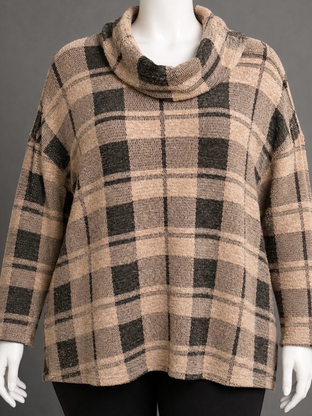 Croft & Barrow Plaid Cowl Neck Sweater - Tan & Black